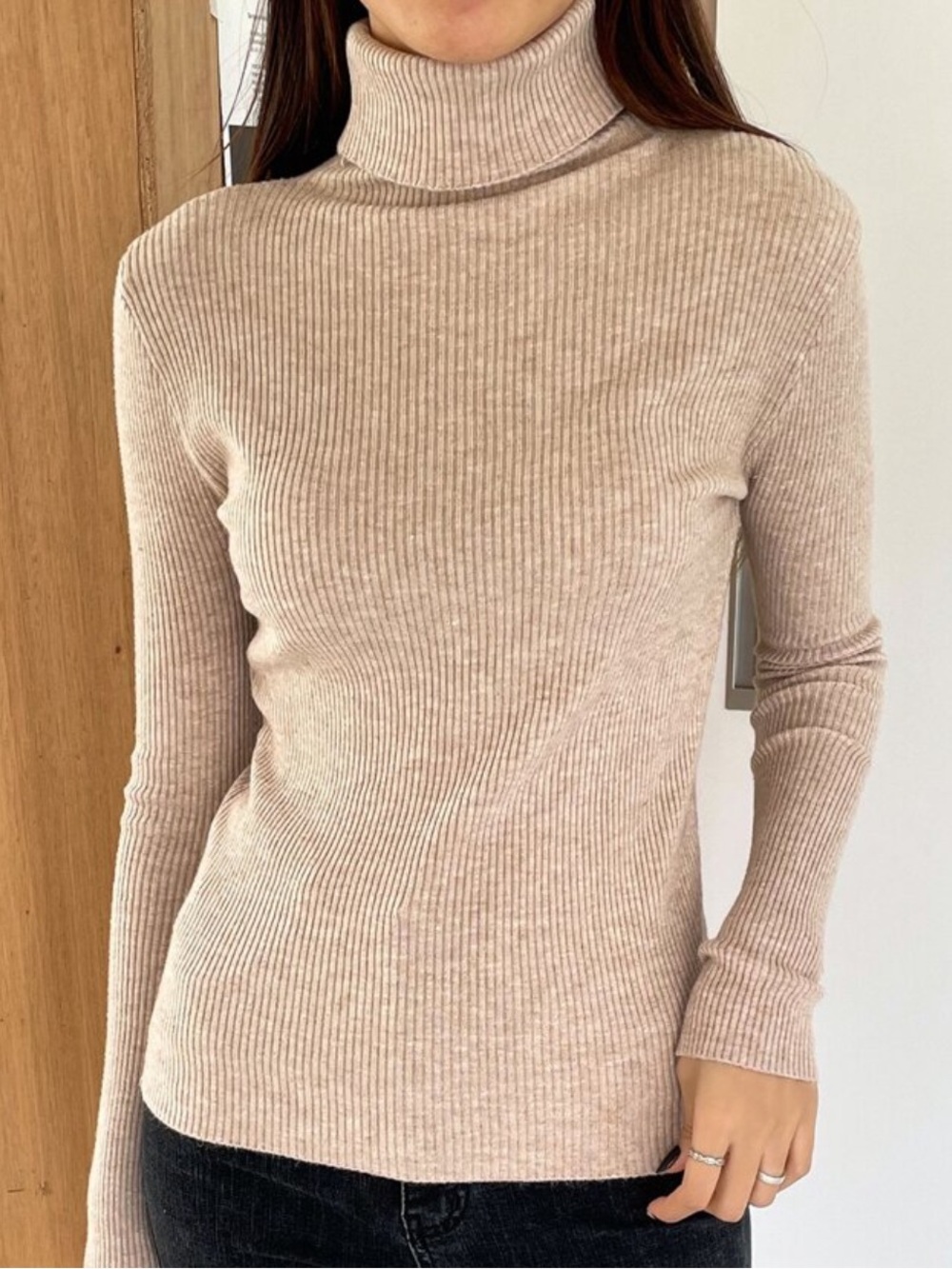 Women’s Light Tan Ribbed Turtleneck Sweater